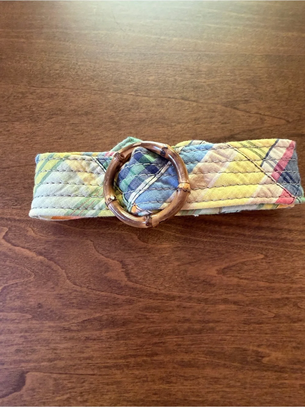 J. CREW Madras Plaid Patchwork Cotton Belt Bamboo Buckle, Multi Color | SM/MED - Picture 1 of 7